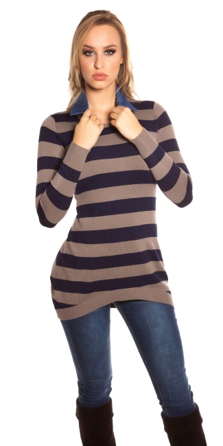 Trendy fine knit long jumper + jeans collar Cappuccino